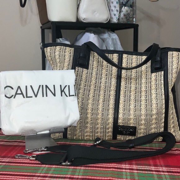 Calvin Klein Handbags - Calvin Klein Black Trim Woven Straw Tote